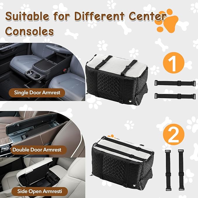 Center Console Dog Car Seat for Small Dogs Cats (Up to 15 lbs) - Washable, Foldable Pet Booster Seat with Safety Hooks, Adjustable Straps & Storage Pocket