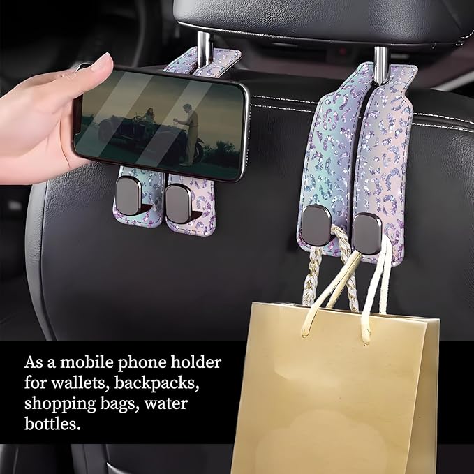 Car Seat Headrest Hook, Universal Leather Cute Hanger Holder Hook, Storage Organizer Interior Accessories for Purse Bags Handbag Glitter Purple Leopard