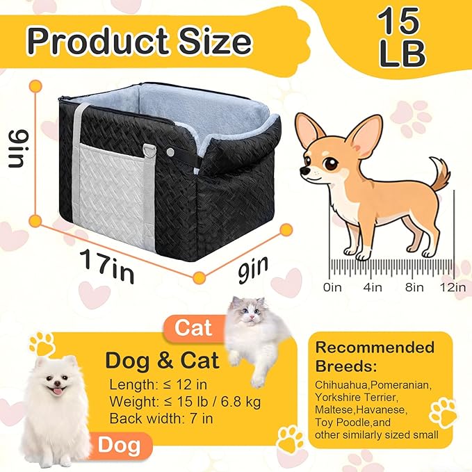 Dog Car Seats for Small Dogs, Center Console Dog Booster Portable Car Seat for Puppy, Doggy, Cats, Small Pets 0-15 lbs, with Safety Net