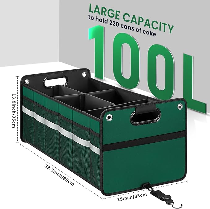 Car Trunk Organizer, Car Storage Organizer, Collapsible Multi Compartment for Car, Suv, Sedan, Truck, 100L, Extra Larger (Green, 100L)