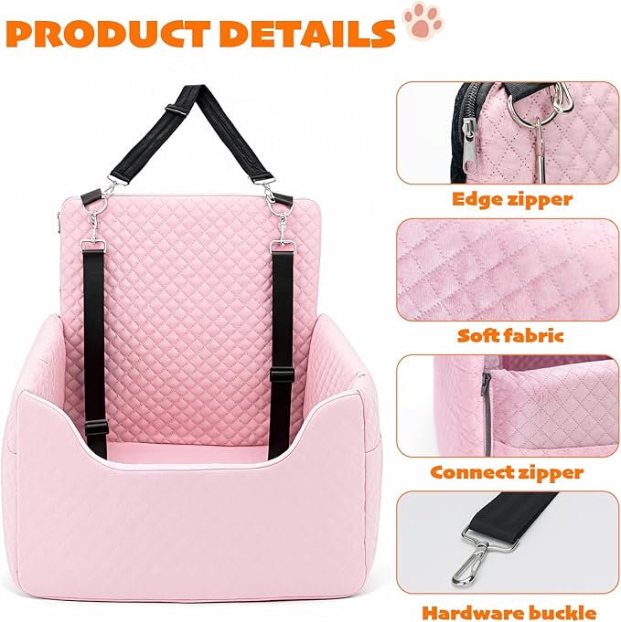 ALL GOOD PET SUPPLIES Dog Car Seat for Small/Medium Dogs Under 35lbs, Soft Booster Car Seat with Detachable Washable Cover and Cushion, Puppy Dog Car Bed, Pink
