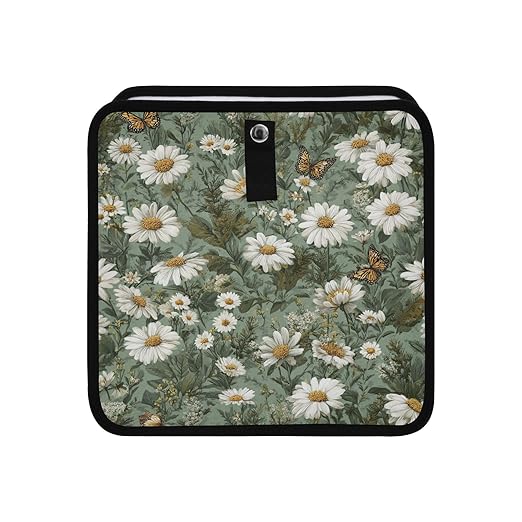 Car Trash Can Organizer Bin with Adjustable Strap for Back Front Seat Console Waterproof Leakproof Collapsible Portable 8.66 Inch Summer Daisy Butterfly Green