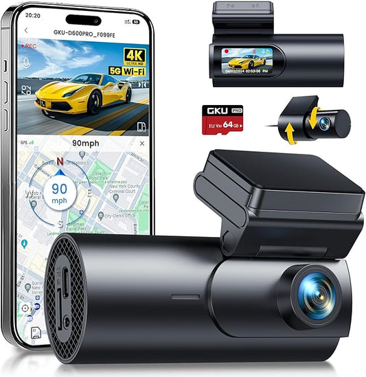 GKU Dash Cam Front and Rear Camera,4K+1080P, 5.8GHz WiFi & GPS Dash Camera for Cars,with 64G SD Card,1.47" Display Dashcam, 24HParking Mode,App,Super Night Vision,Support Max 256GB (D600Pro)