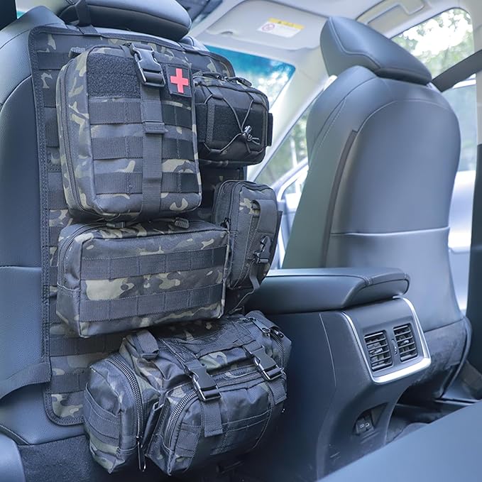 Tactical Car Seat Back Organizer Bag Tactical Molle Vehicle Organizers Panel Vehicle Protector Organizers with 5 Detachable Pouches for Car Truck Ford (Black camo)