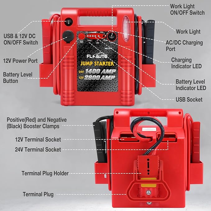 Car Battery Jump Starter - FlyAuto 2800/1400 Amp 12V 24V Heavy Duty Jump Box, Works with Truck Tractor Excavator Automotive Engine Starter Battery Charger Booster Jumper Box with USB/DC Power Unit