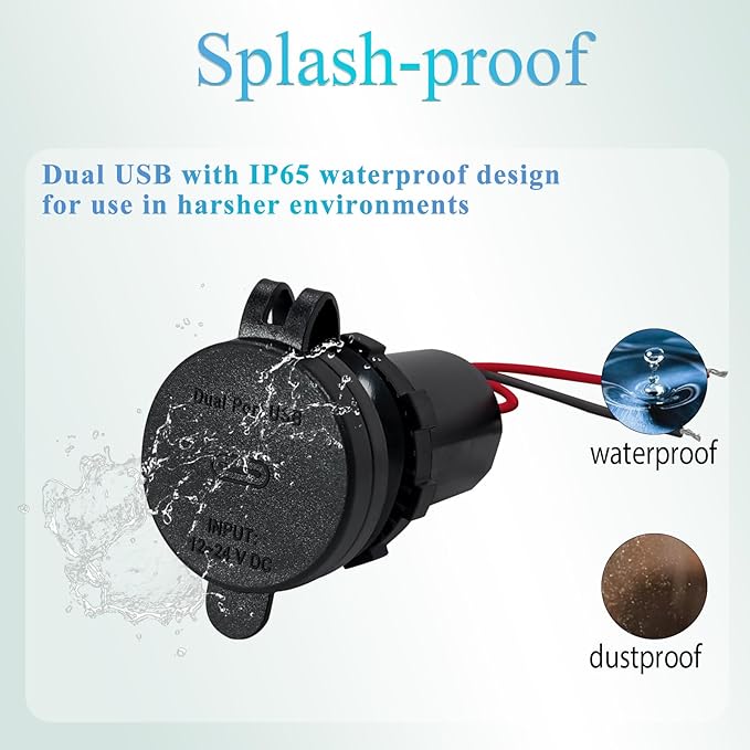 3-Port 60W PD Dual 2.4A USB 12V Charging Socket Splash Resistant for Jeep Pickup SUV Camper Van Boat