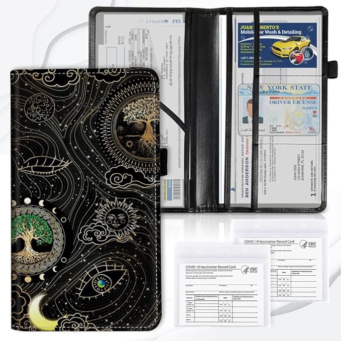 Car Registration and Insurance Card Holder, Vehicle License Documents Glove Box Compartment Organizer Wallet, ID Card Holder for Car Essentials Automobile, Tree of Life Sun Moon