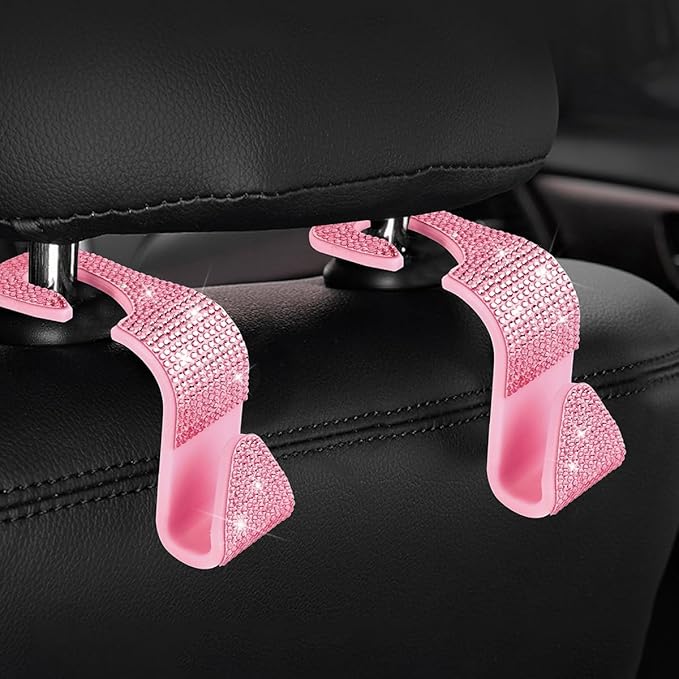 Zpana 4PCS Bling Car Seat Headrest Hooks, Vehicle Back Seat Purse Handbag Hanging Holder with Crystal Rhinestone, Diamond Storage Organizer Hook, Universal Automotive Accessories (Pink)