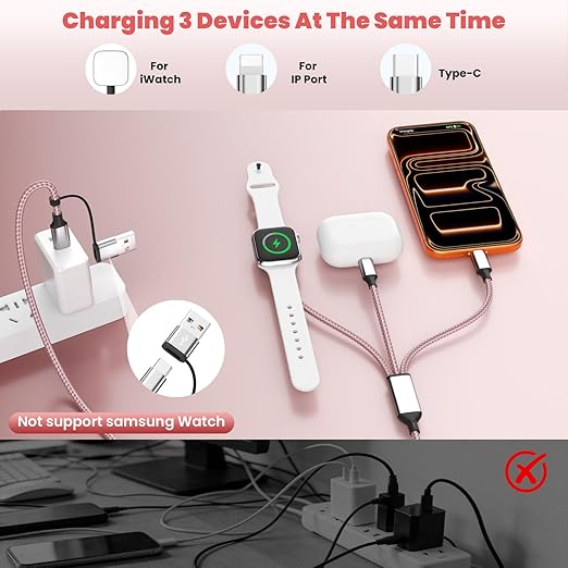 Travel Cruise Essentials,3 in 2 Multi Charging Cable for iWatch Charger/IP/USB C,Pink 2-Pack 5FT Braided USB A/C Cable Designed for Multiple Devices,Car Accessories for iWatch Ultra/SE & iPhone 17-11