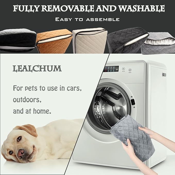 Lealchum Dog Booster Car Seat,Ultra Soft Fabric & Filling Memory Foam,Elevated Cushion,3 Straps & Safety Belt Channel,Anti-Slip Base,Fully Detachable and Washable(Beige,Medium)