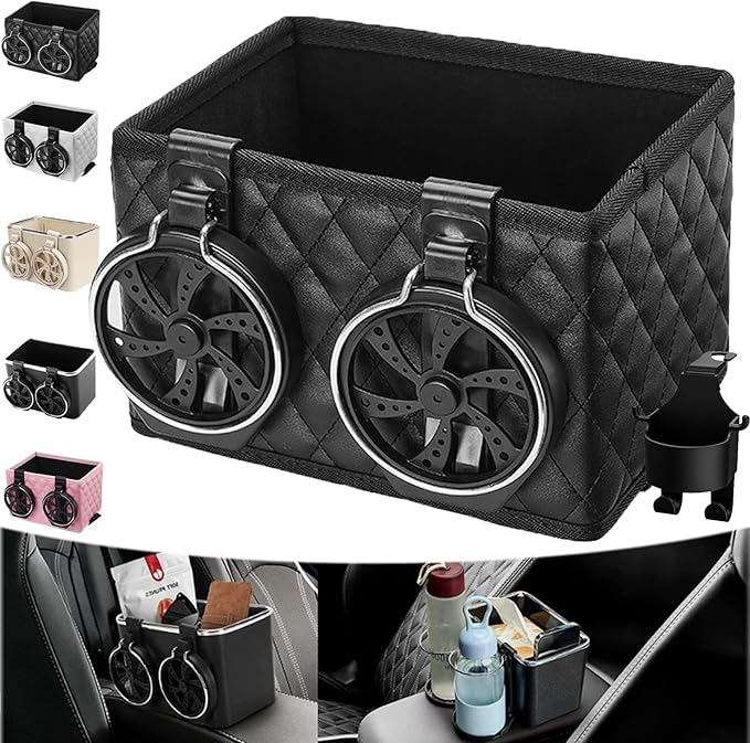 Car Armrest Storage Box with 2 Cup Holders - 2024 New Between Car Seat Organizer with Cup Holder, Universal Car Arm Rest Storage Box Organizer (Black B)