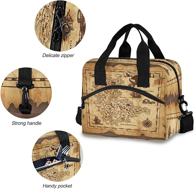 Lunch Bag for Kids Pirate Treasure Map Insulated Cooler Lunch Box Large Capacity Lunch Organizer for Boys Girls