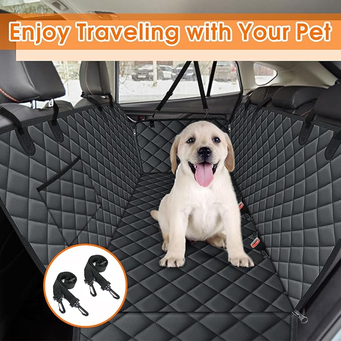NECKORY Waterproof Dog Car Seat Cover for Back Seat - Durable, Scratch Proof Pet Hammock with Nonslip Design & Storage Pockets, Fits Cars, SUVs, Trucks - L, Black