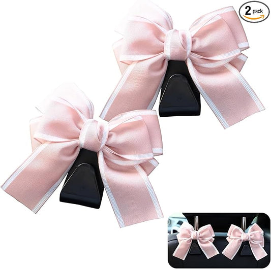 2 PCS Bow Car Headrest Hooks, Cute Bow Back Seat Decorative Hanger, Multi-function Hanging Storage Hook for Purse Bag Umbrella, Portable Interior Organizer for Cars (Pink)