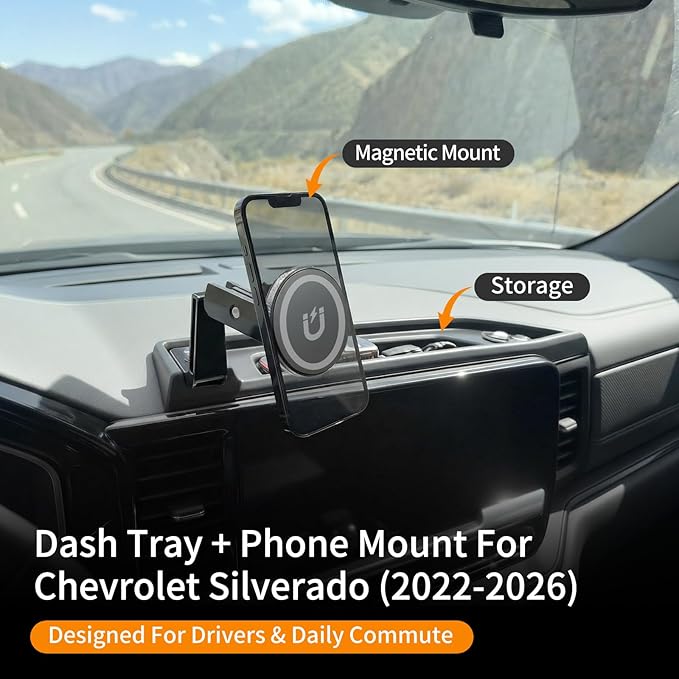13.4”Screen Dashboard Phone Holder Compatible with 2022-2026 Chevy Silverado&GMC Sierra Center Console Organizer Dash Phone Mount Dash Tray for Silverado Accessories(Silverao/Sierra 22-26)