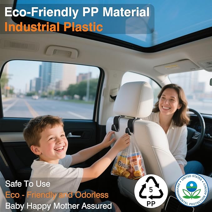 Car Seat Hooks & Purse Holder - 4 Pack Boxed,55 lb Heavy Duty,Eco PP Car Hooks for Purse/Bag/Baby Gear/Gym Bag/Groceries/Cup/,Fits 0.32-0.55”Car Headrest Rods (Black)