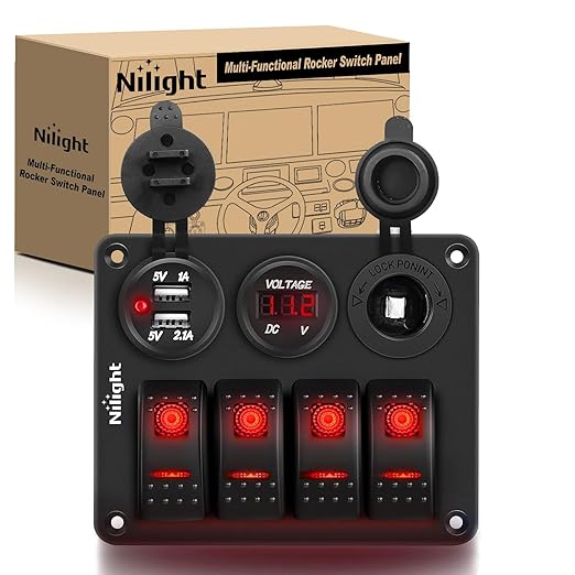 Nilight 4Gang Rocker Switch Panel with USB Charger Voltmeter and Cigar Lighter 12V 24V Toggle ON Off Red Night Glow Stickers for Cars Rvs Trucks