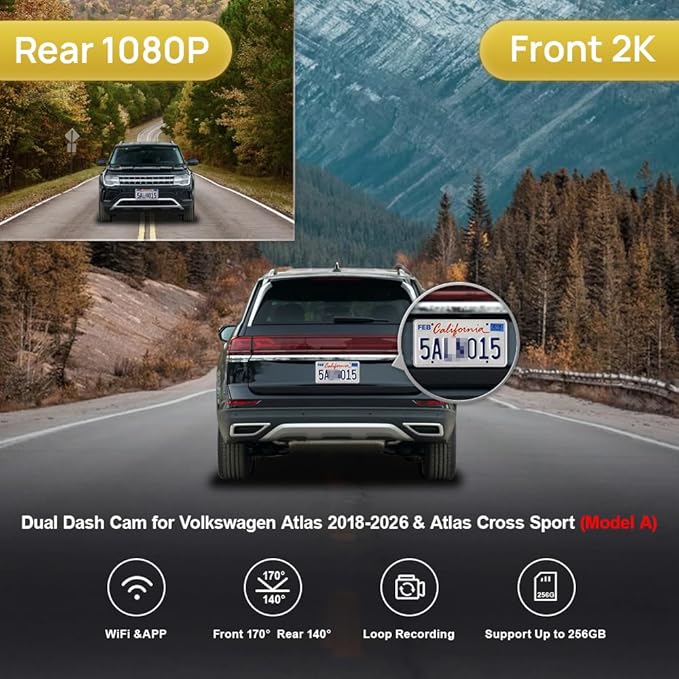Fitcamx Front 2K+Rear 1080P Dash Cam Adapts for Volkswagen Atlas 2018-2026 & Atlas Cross Sport 2020-2026 (Model A/Slim-Tail), OEM Look, Dual HD Video, WiFi&APP, Loop Recording, Parking Mode, 64GB Card