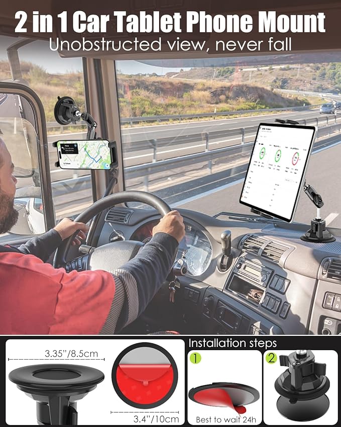 Charchendo Tablet Holder for Car Truck SUV Dashboard Windshield, Strong Suction Cup Tablet Phone Mount with 7.5" Metal Arm 360° Rotation Fits iPad Pro 13/12.9/Air/Mini, Galaxy Z Fold, 4-13" Devices