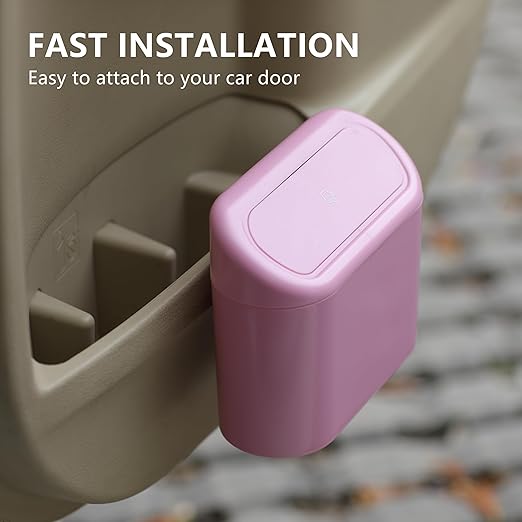 Ginsco Mini Car Trash Can with Lid, Small Car Garbage Can, Cute Leakproof ABS Car Trash Bin, Car Accessories for Interior, Garbage Bin for Car, Home, Office with 60pcs Trash Bags Pink
