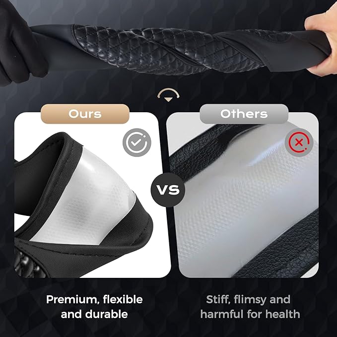 Coverado Car Steering Wheel Cover, Nappa Leather Black Steering Wheel Covers, Universal 14-15 inch, Anti-Slip, Breathable Steering Wheel Protector for Women Men