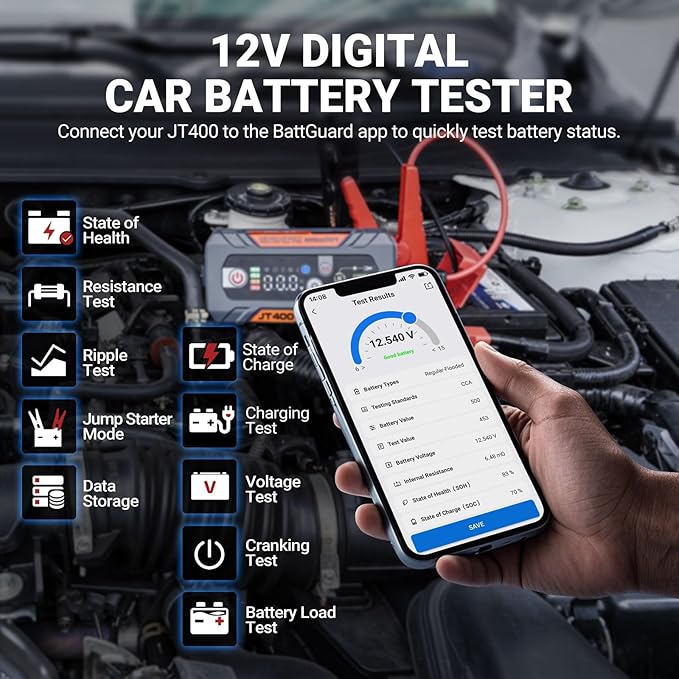 LOKITHOR JT400 12V Jump Starter and Battery Tester 2-in-1, 2500A Battery Jumper Starter Portable for Up to 8.5L Gas & 6.5L Diesel Engines, 100-2000 CCA Load Capacity Automotive Load Tester (Orange)