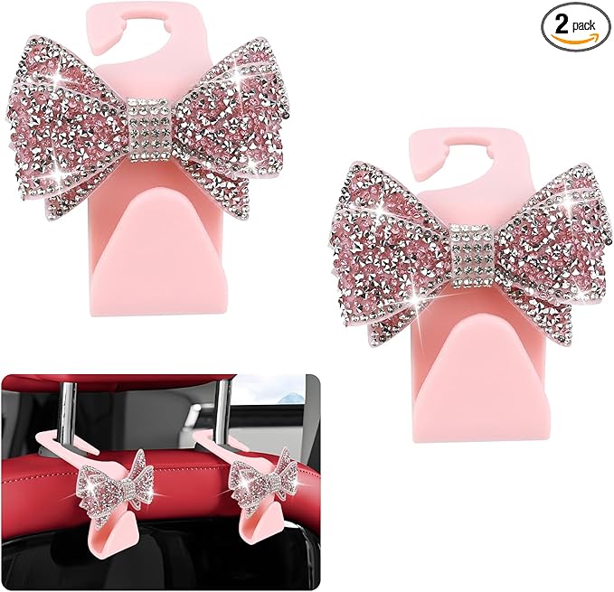 2PCS Bling Bow Car Seat Headrest Hook, Cute Bow Purse Hanger for Cars, Crystal Rhinestone Auto Seat Back Storage Hanging Hooks for Handbag Umbrella Coat Grocery Bags, Car Accessories (Pink)