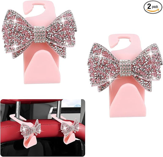 2PCS Bling Bow Car Seat Headrest Hook, Cute Bow Purse Hanger for Cars, Crystal Rhinestone Auto Seat Back Storage Hanging Hooks for Handbag Umbrella Coat Grocery Bags, Car Accessories (Pink)