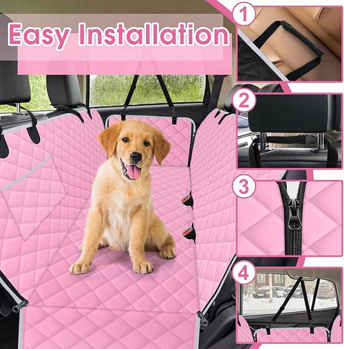 NECKORY Waterproof Dog Car Seat Cover for Back Seat - Durable, Scratch Proof Pet Hammock with Nonslip Design & Storage Pockets, Fits Cars, SUVs, Trucks - S, Pink/Grey