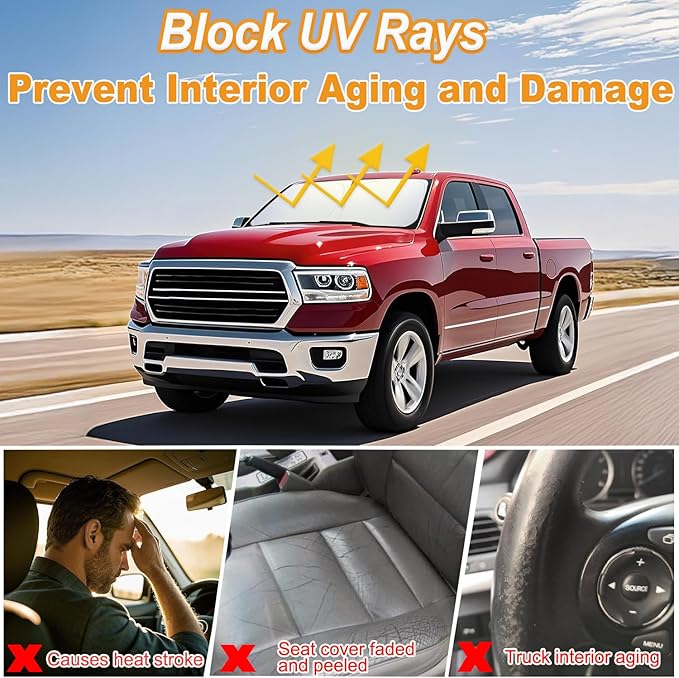 PIMCAR Windshield Sun Shade for Dodge Ram 1500 2009-2018 | Premium 310T Reflective Polyester UV/Heat Shield | Custom Fit Sunshade to Block Rays & Cool Interior