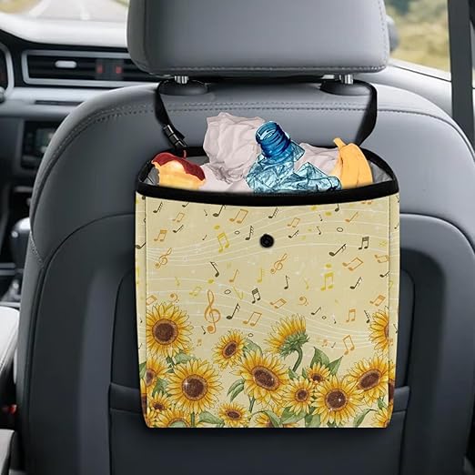 Sunflower Music Notes Pattern Car Trash Can Leakproof Trash Bin Car Garbage Can Hanging Water-Resistant Collapsible Auto Trash Bag Car Accessories for Women Men