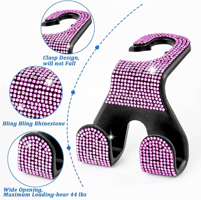 MTGOCHA Bling Car Purse Hooks 2Pcs, Durable Car Headrest Hook, Holds 44Lbs, Double-Hooks, Wide-Opening, Rhinestone Automobile Purse Hangers Holder, Bling Car Accessories for Women, Pink