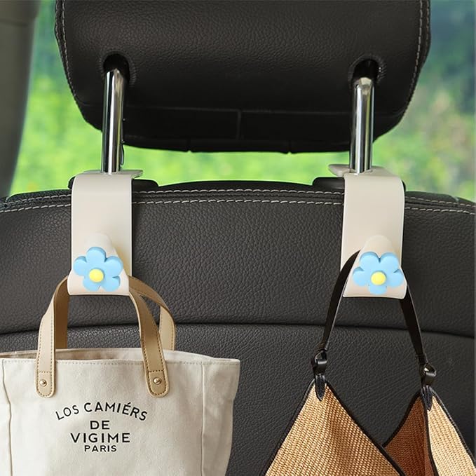 4 PCS Car Headrest Hook, Multifunctional Flower Vehicle Seat Back Storage Hook, Cute Automotive Seatback Organizer Hanger for Purse Grocery Bag Handbag, Universal Fit (Beige/Blue)