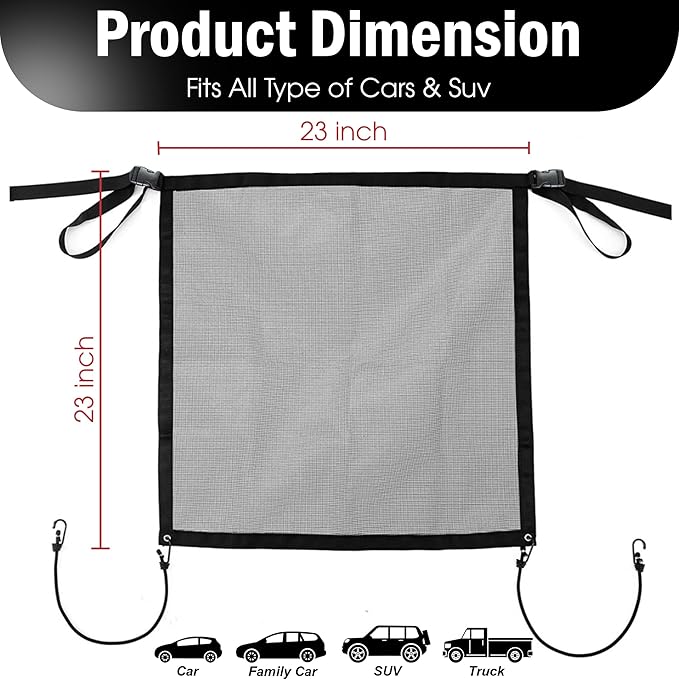 Universal Dog Car Net Barrier – Sturdy Mesh, Easy Install, Breathable Design, Easy to Clean, Flexible Bungee Cords for Adjustable Fit 23"×23" (Black)