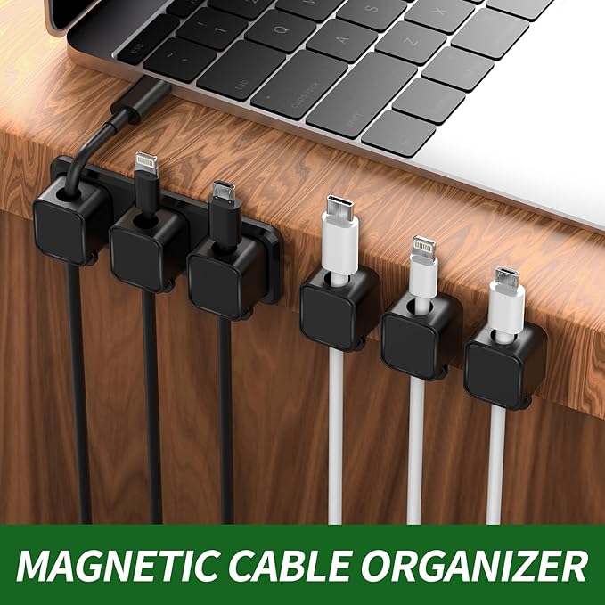 Magnetic Cable Organizer for Desk – Upgraded Wire Clips with Adhesive Base – Desktop Cord Holder for USB, Charging Cables – 6 Clips + 1 Magnetic Base (Black)