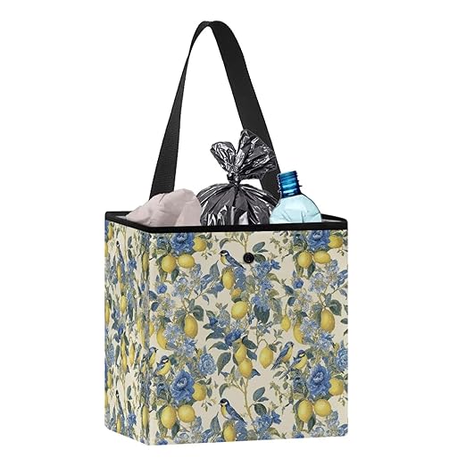 2 Gallons Open-Top Car Trash Can Hanging Car Trash Bag Water Resistant Leakproof Trash Bag Car Accessories for Women Men, Lemon Birds Floral Pattern