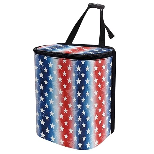 Talayituse American Flag Star Print Car Trash Can with Lid, 4th of July Leak Proof Auto Trash Bag Hanging Vehicle Garbage Can Multipurpose Storage Container for Back Seat Road Trip
