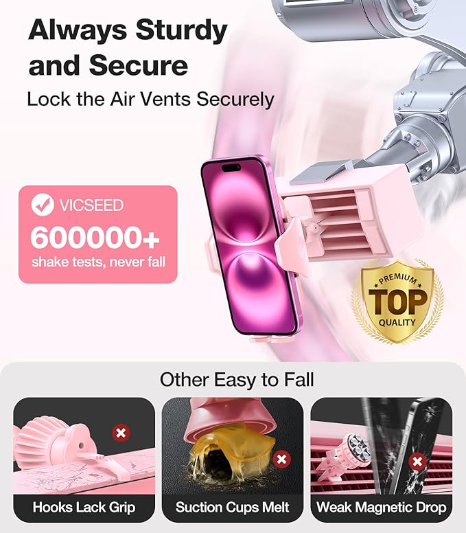VICSEED Pink Phone Holder for Your Car [ Sturdy & Secure ] Air Vent Phone Mount for Car Hands Free Easy Clamp Cradle in Vehicle for iPhone Samsung Android Smartphone, Pink Car Accessories