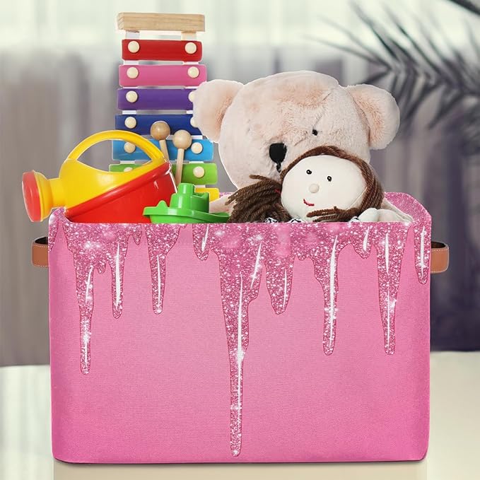 Pink Sparkly Storage Baskets for Organizing, Fabric Collapsible Storage Bins Box Pink Glitter DecorativeToy Organizer Baskets for Closet Shelves Gift Basket 2Pcs