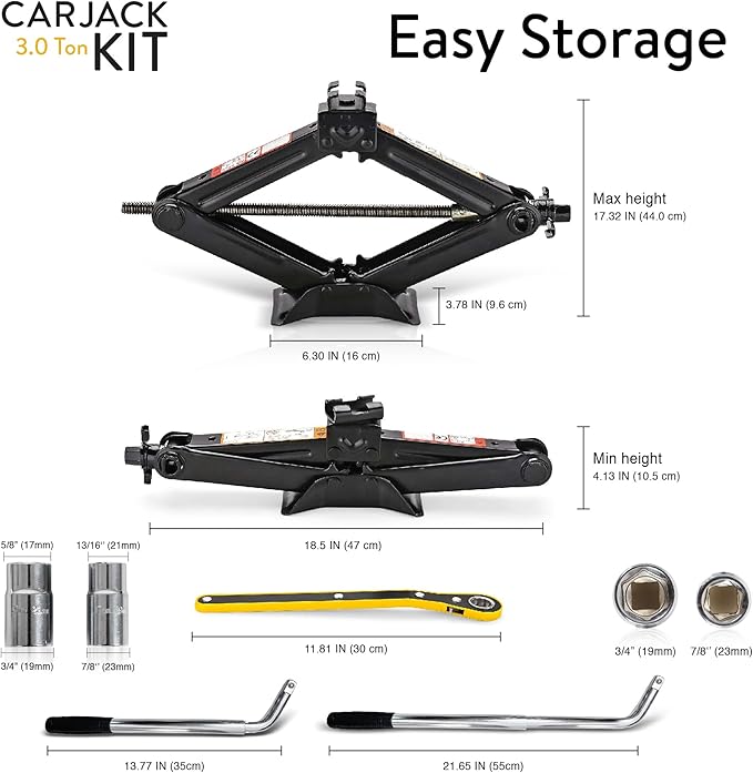 Car Jack Kit | Scissor Jack for Car 3 Ton (6,600 lbs) - Tire Jack Tool Kit | Portable, Ideal for SUV and Auto - Universal Kit with Lug Wrench | Heavy Duty Material