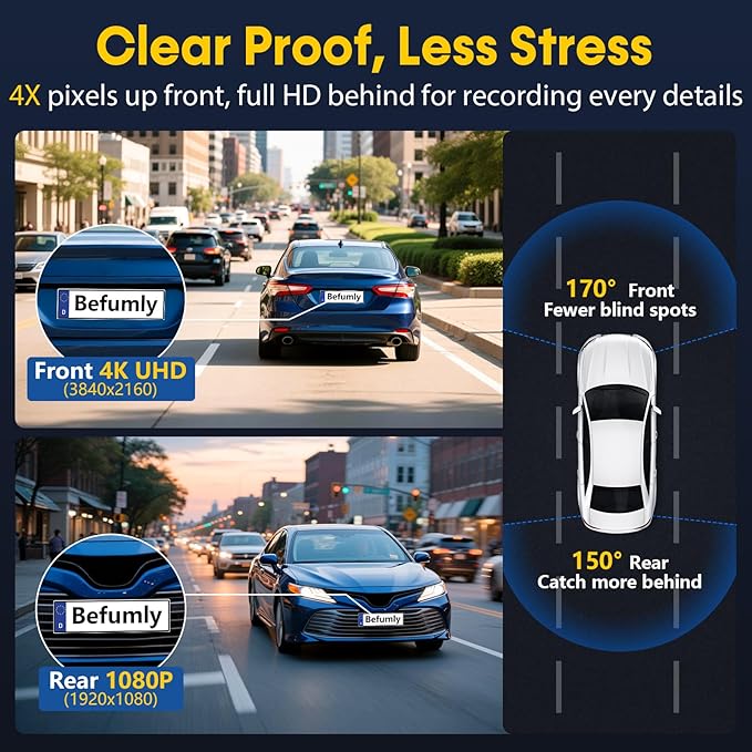 Front and Rear Dash Cam for Car: 4K+1080P Dual Dashcam Record Every Moment for Accident Evidence - 5G WiFi Quick Video Access 15-Min Install by Befumly
