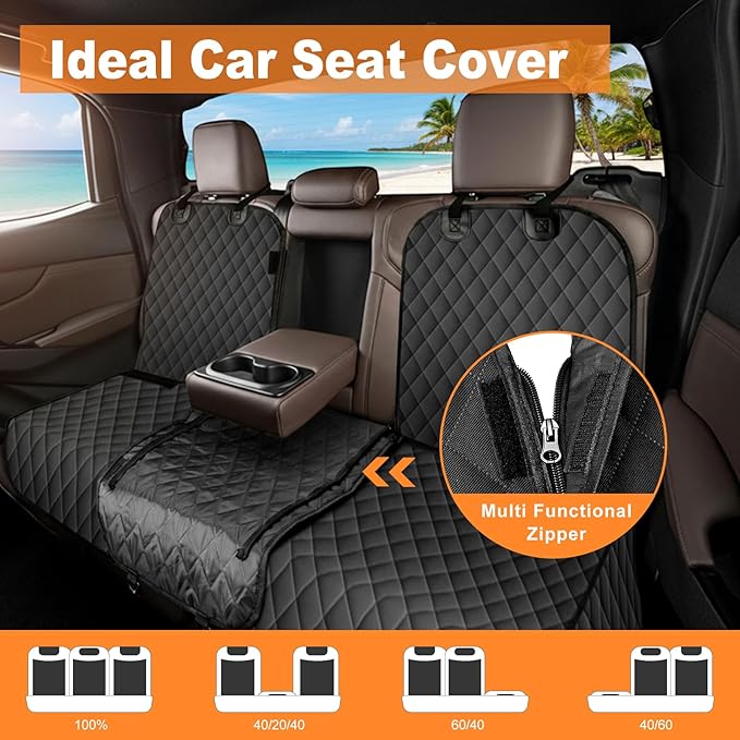 Dog Car Seat Cover for Back Seat - Waterproof, Non-Slip, Pet Bench Seat Covers, with 60/40 Split Bench Fit, Universal Size for Sedans, Trucks & SUVs, Machine Washable, Non-Stick Fur & Durable, M-Black