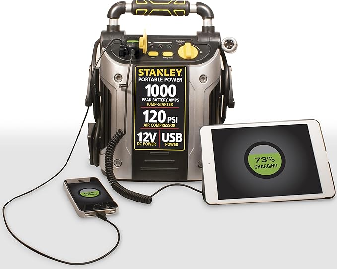 STANLEY J5C09 1000 Peak Amp Automotive Jump Starter, Portable Power – 2.1A/10W USB Port, 12V Outlet, 120 PSI Air Compressor for Tires, Bikes & Sports Equipment