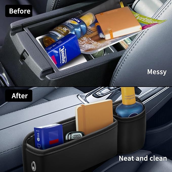 Car Leather Cup Holder Gap Bag 2-Piece Car Seat Gap Filler with Cup Holders for Cups Glasses Keycard (Main and Passenger) (Classic Black)