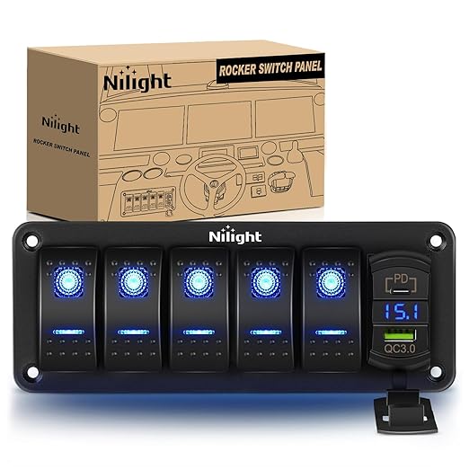 Nilight 5 Gang Rocker Switch Panel Blue Backlit with PD Type C and USB Charger Voltmeter Waterproof 12V 24V DC Switches with Night Glow Stickers for Car Trucks Boats RVs