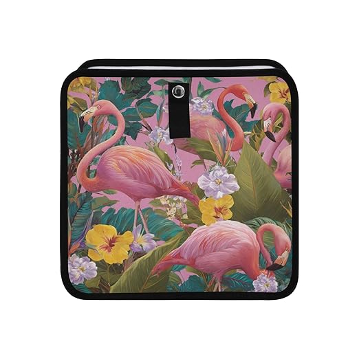 Car Trash Can Organizer Bin with Adjustable Strap for Back Front Seat Console Waterproof Leakproof Collapsible Portable 11 Inch Pink Romantic Tropical Flamingo and Plants