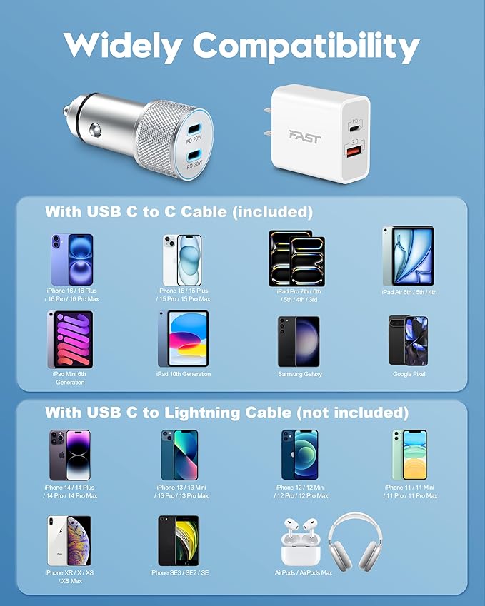 iPhone 17/17 Pro Max/17e Car Charger Fast Charging, 40W USB C Car Charger Cigarette Lighter + 20W USB C Charger Block + 2x6FT Cable for iPhone 17e/17/17 Pro/Air/16e/16/15 Pro Max/Plus, iPad, AirPods