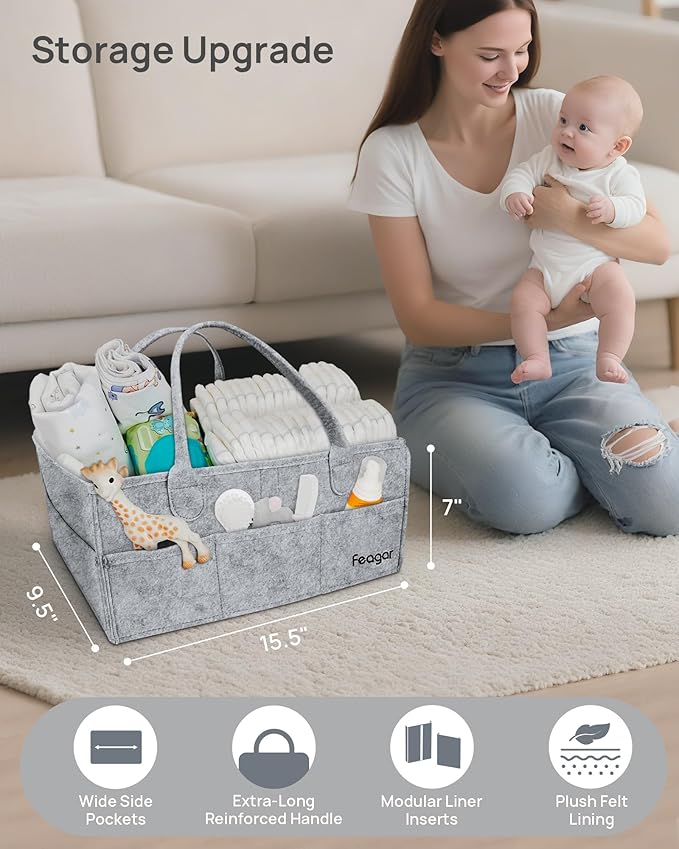 Feagar Baby Diaper Caddy Organizer, 15 Inch Large with 8 Pockets & 2 Dividers, Portable Nursery Storage Basket & Car Organizer for Changing Table, Travel (Grey)