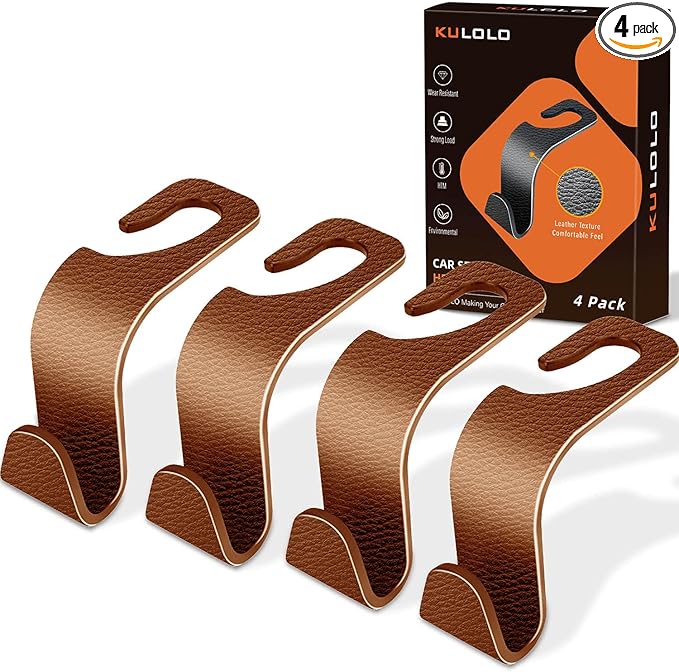 Car Seat Hooks & Purse Holder - 4 Pack Boxed,55 lb Heavy Duty,Eco PP Car Hooks for Purse/Bag/Baby Gear/Gym Bag/Groceries/Cup/,Fits 0.32-0.55”Car Headrest Rods (Brown-2)