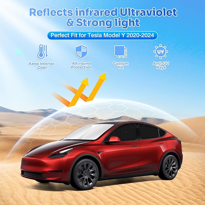 Canvcle Upgraded Window Shades for 2020-2024 Tesla Model Y Accessories with Suction Cups Windshield Sun Shade Side Rear Window Covers Sunshade Sun Shield Privacy Protection for Camping Black 8PCS